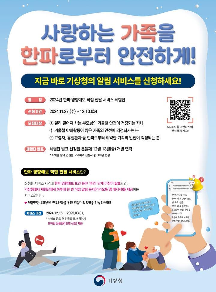 기상청에서는 한파 예상 시 자녀의 안부전화를 활용하여 어르신에게 위험기상정보를 효과적으로 전달하기 위해 '한파 영향예보 직접 전달 서비스'​를 시범 운영합니다.  ?한파 영향예보 직접 전달 서비스란? 신청한 서비스 지역에 한파영향예보 보건 분야 '주의' 단계 이상이 발표되면, 기상청에서 하루에 한 번 직접 알림 문자(카카오톡 앱 메시지)를 제공하는 서비스 입니다.  ✅신청기간 : 2024. 12. 10.(화) 까지  ✅신청방법 : '구글 폼' 온라인 신청   https://url.kr/klw4ix