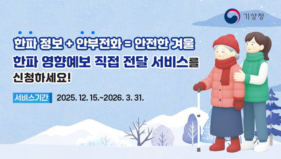 한파 정보 + 안부전화 = 안전한 겨울
한파 영향예보 직접 전달 서비스를 신청하세요!
신청기간 2025. 12. 9.까지
서비스기간 2025. 12. 15.~2026. 3. 31.