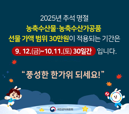 2025년 추석 명절 농축수산물·농축수산가공품 선물 가액 범위 30만원이 적용되는 기간은 9.12.(금)~10.11.(토) 30일간입니다.
풍성한 한가위 되세요!